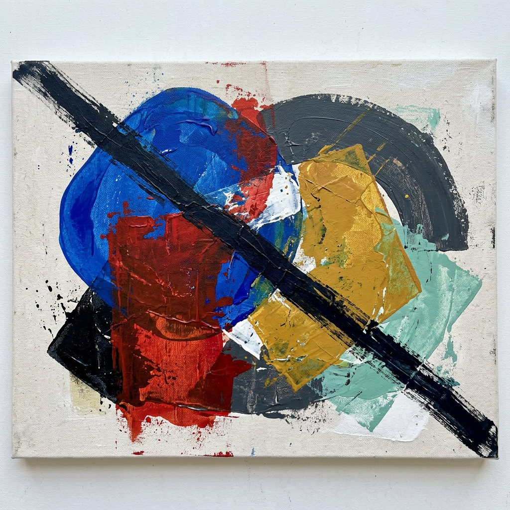 Abstract painting with overlapping blue, red, gold, gray, and teal shapes crossed by a thick black diagonal line