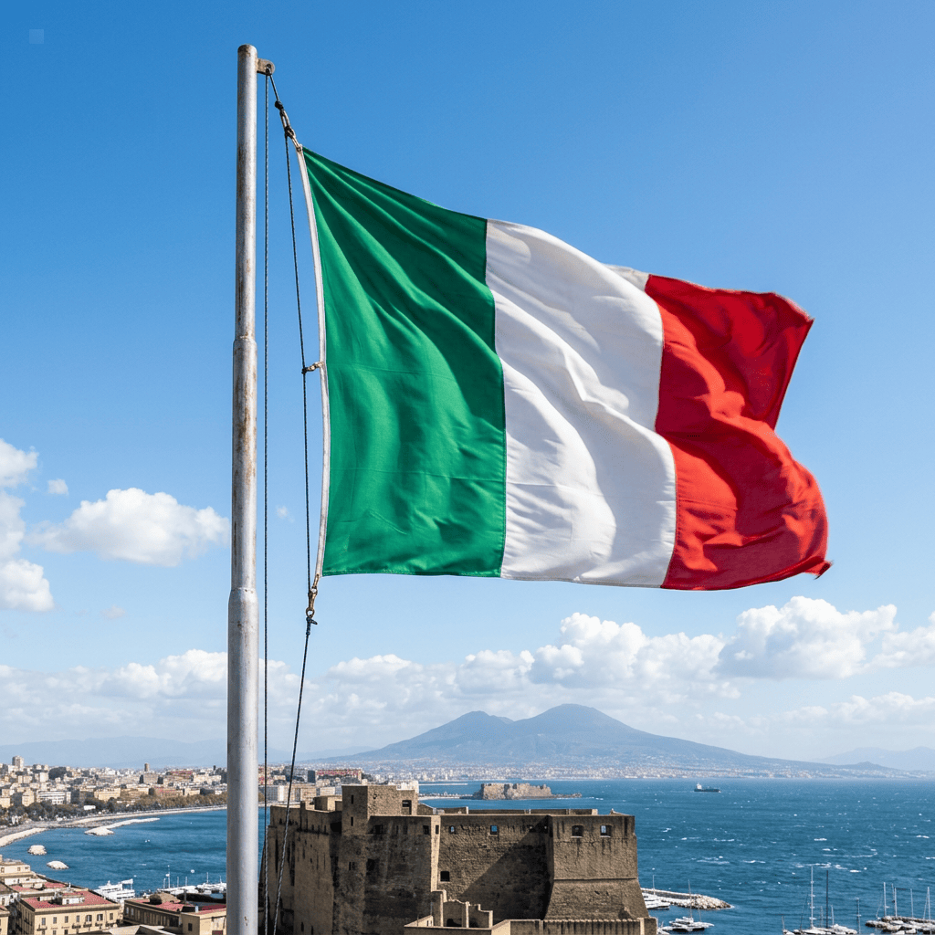 Italian flag flying over Naples harbor with coastline and Mount Vesuvius in background