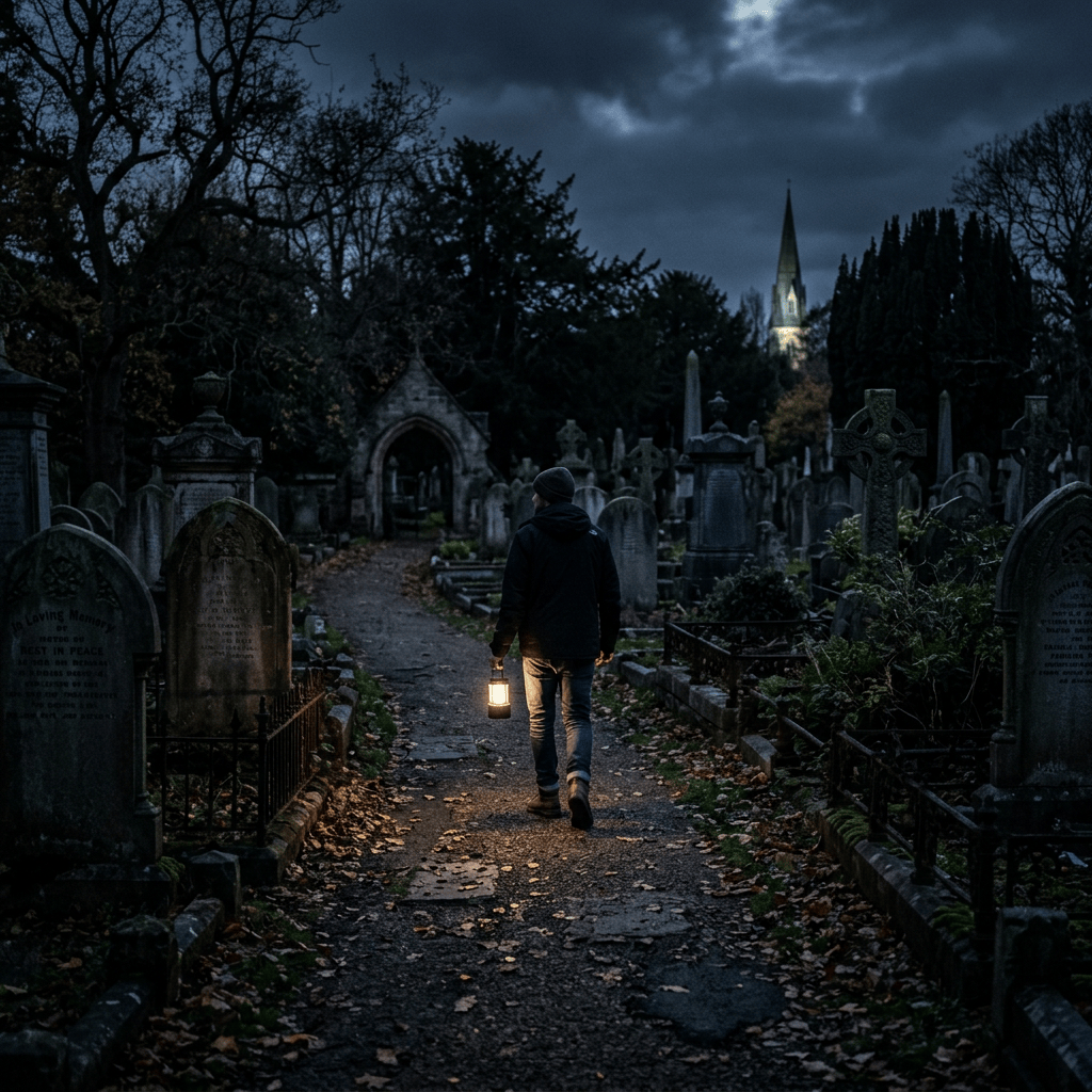 Person walking on a cemetery path at dusk holding a lantern