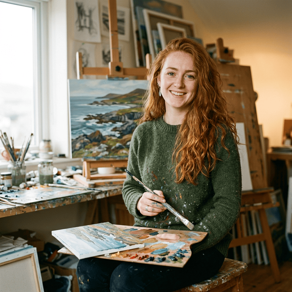 Female artist holding a paintbrush and palette painting a coastal landscape