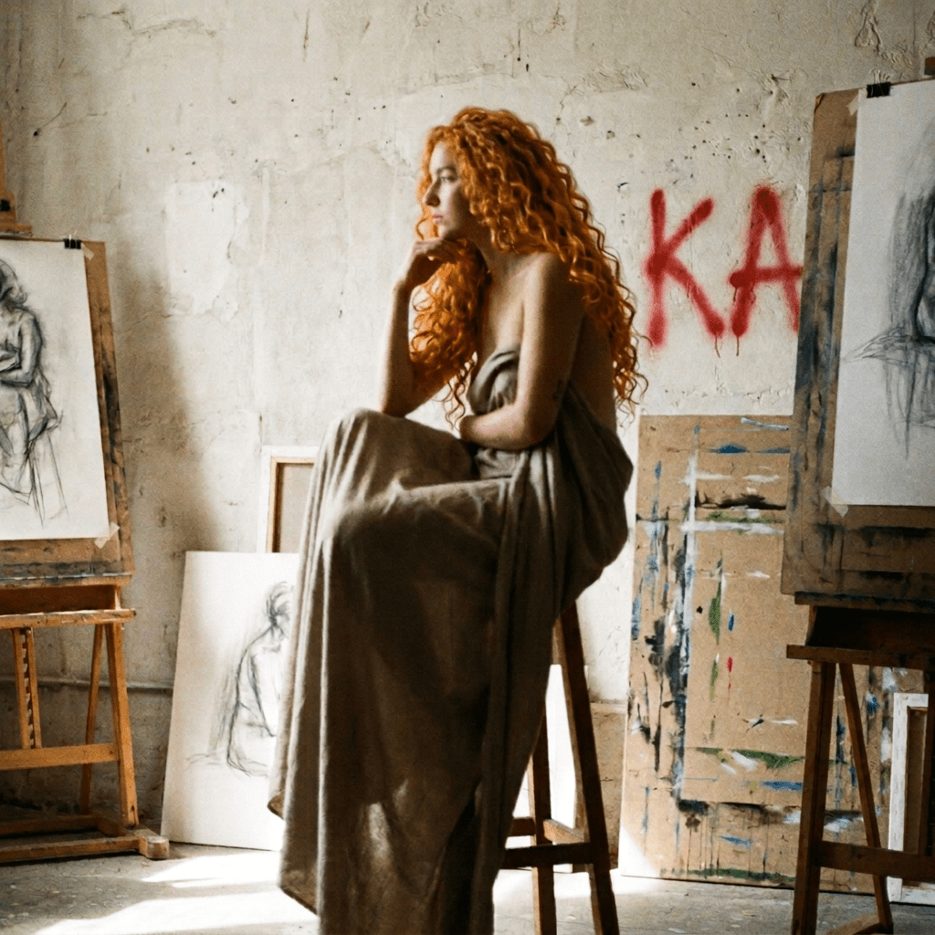 A seated woman draped in fabric posing as art sketches of her are displayed nearby
