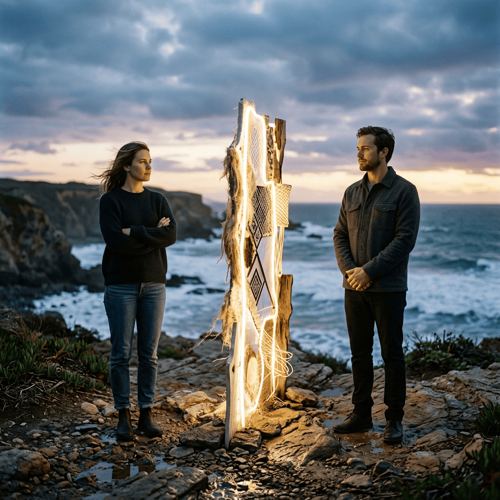 A woman and a man standing on rocky coastline looking at an illuminated sculptural art piece between them at sunset