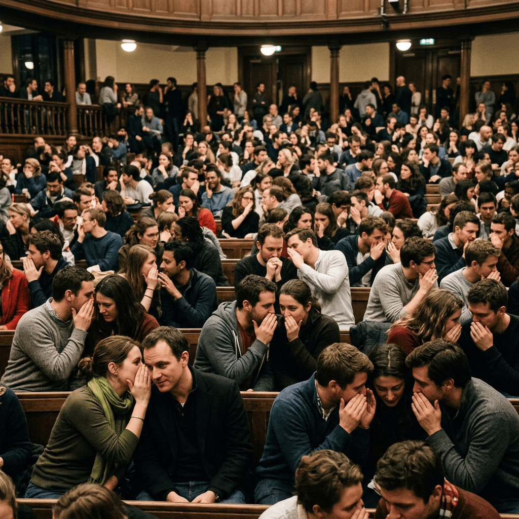 Crowded lecture hall with many people whispering in pairs