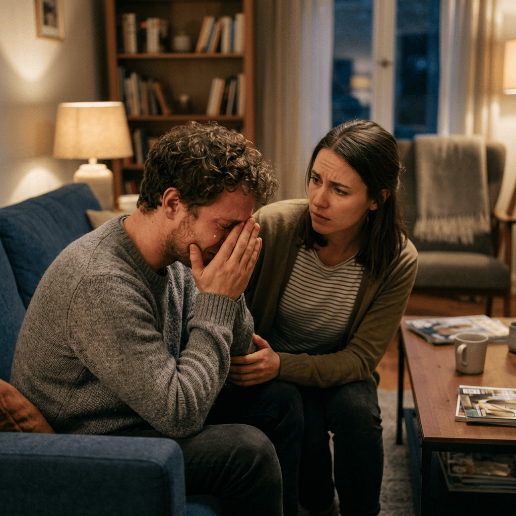 Man covering face in distress and woman comforting him on a couch