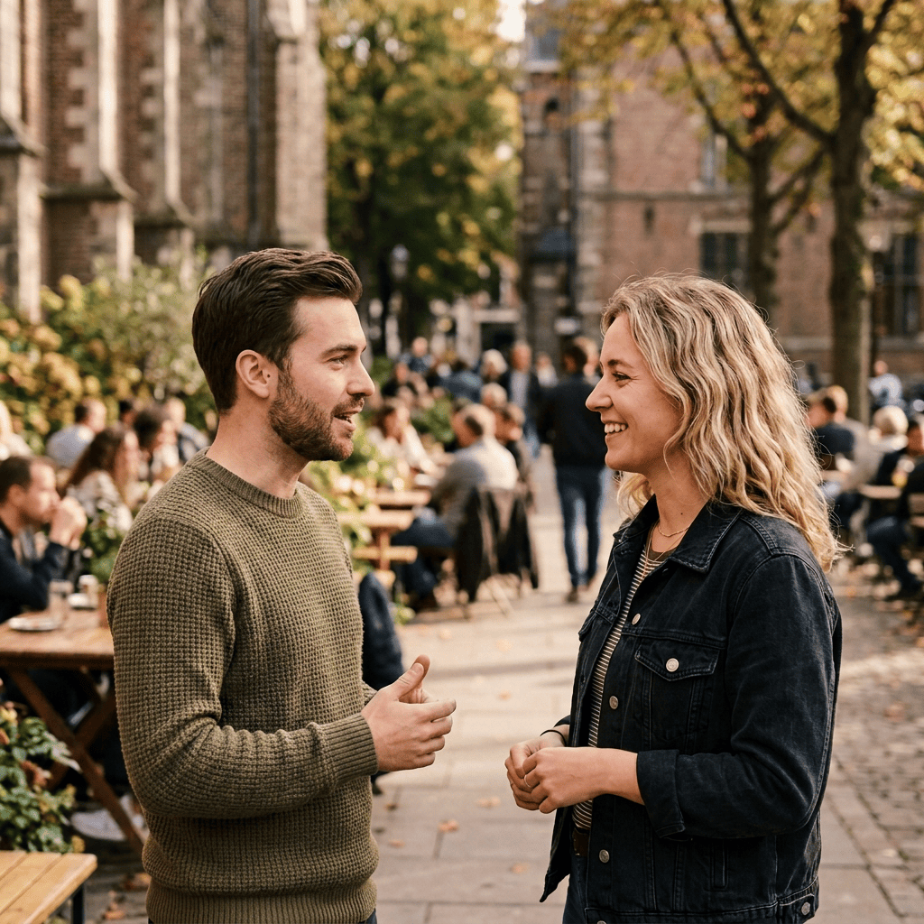 Two women talking and smiling outdoors with autumn trees and people sitting at tables in the background