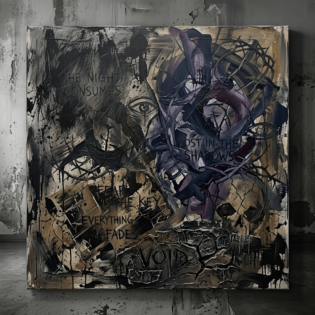 Abstract painting with dark colors, eyes, skulls, and phrases like 'THE NIGHT CONSUMES' and 'FEAR IS THE KEY'