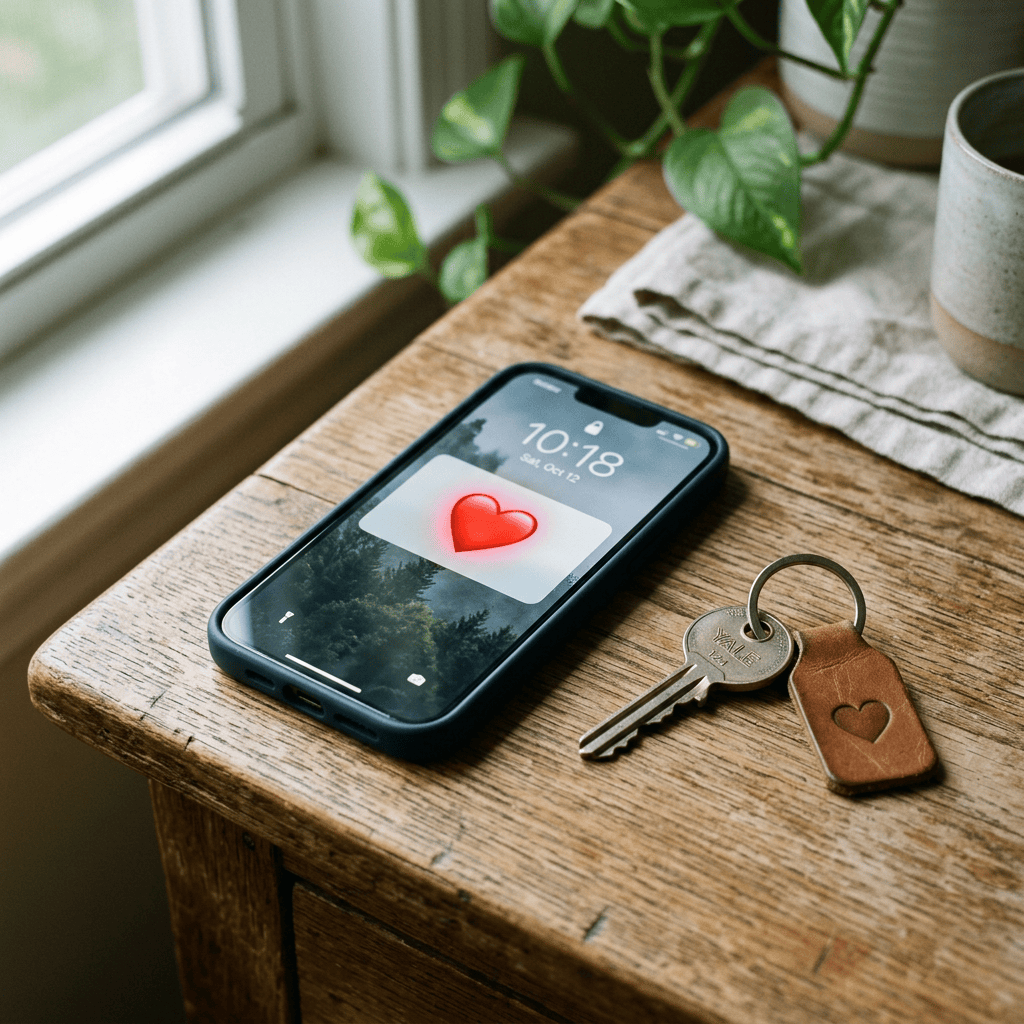 Smartphone showing a red heart notification on screen next to a metal key with a brown leather heart-shaped keychain on a wooden table.
