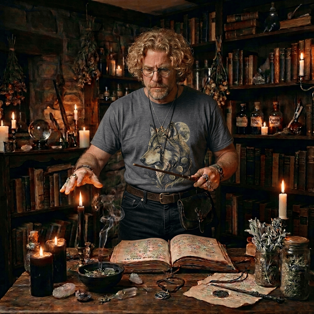 Wizard performing a magical ritual with candles, herbs, and spell books in a dimly lit study